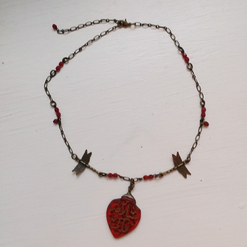 Brass and deep red beads with dragonfly beads!/new